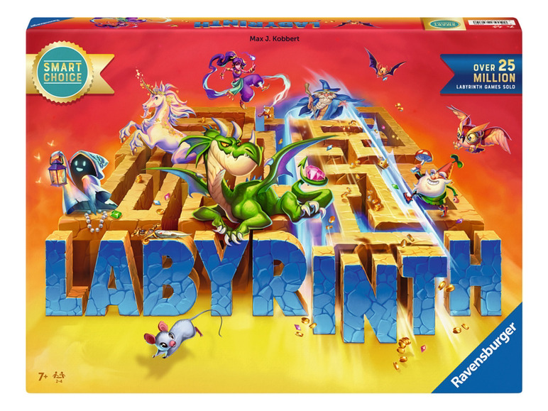 De doos van het Ravensburger bordspel Labyrinth met een draak, eenhoorn en tovenaar.
