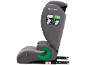 Siège-auto pour enfant gris vu de profil avec des détails verts.