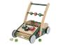 Een houten loopwagen met draaiende wielen en een speelbakje van Parkside.