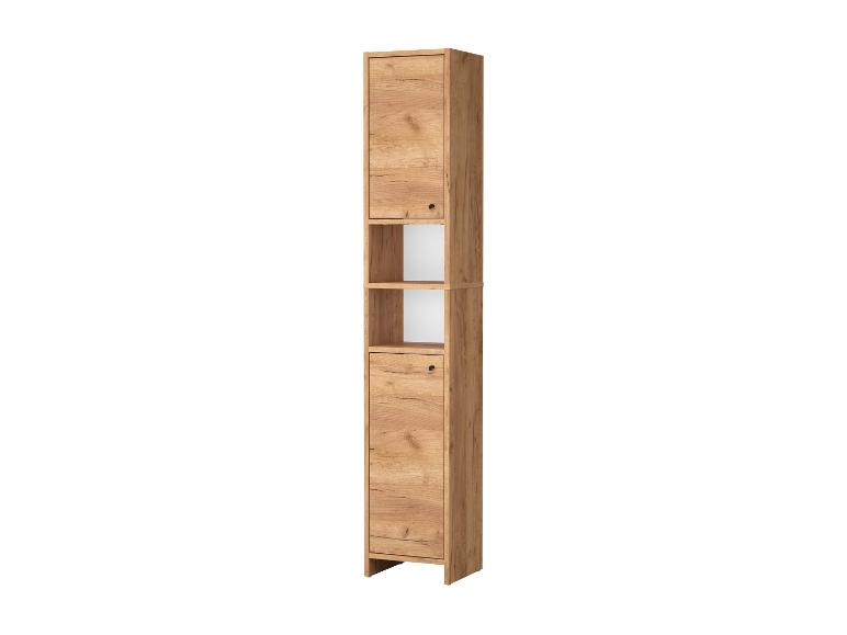 Hoge badkamerkast in eikenkleur met deuren en open planken.