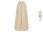 Gigoteuse bébé beige avec fermeture éclair frontale et échantillons de tissus.