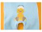 Grenouillère bébé bleu clair avec un imprimé de poussin jaune et le texte 'HELLO WORLD'.