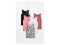 Vijf tanktops in zwart, roze, wit, roest en een luipaardprint met roze hartjes.