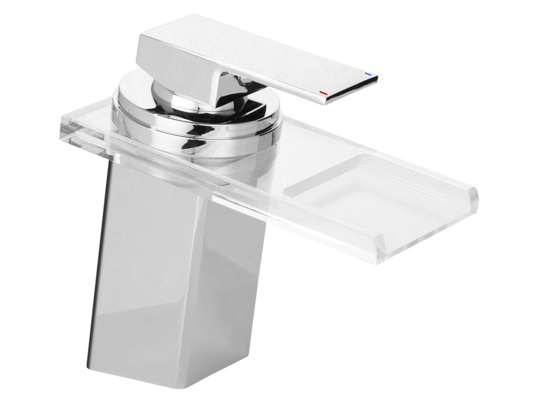 Un robinet de salle de bain chromé avec une plateforme transparente.