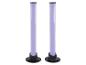 Twee paarse buisvormige LED-lampen met zwarte voetstukken.
