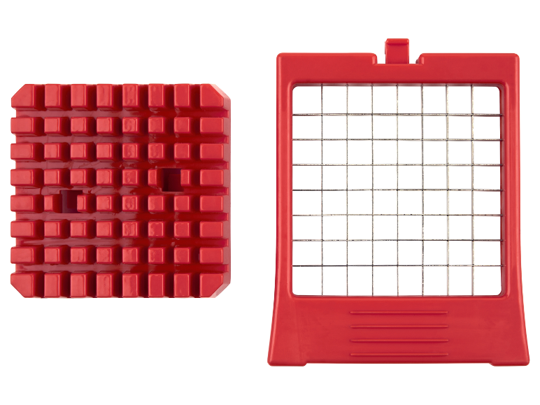 Twee rode accessoires voor een snijmachine: een snijblok en een rooster.