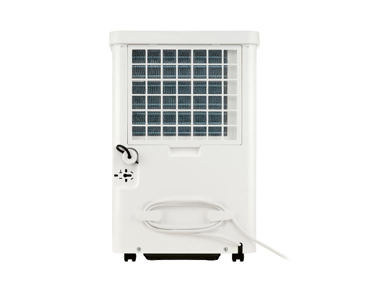 Achterkant van een witte draagbare airconditioner met een rooster en een snoer.