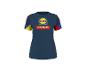 Donkerblauw T-shirt met korte mouwen, kleurrijke inzetstukken op de schouders en een logo op de borst.