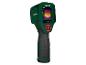 Handheld thermische camera met een scherm dat een thermisch beeld en temperatuurgegevens toont.