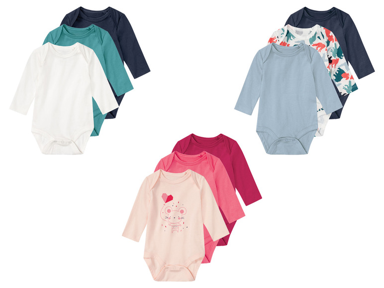 Aller en mode plein écran lupilu® Set de 3 bodies en pur coton avec manches longues - Photo 1