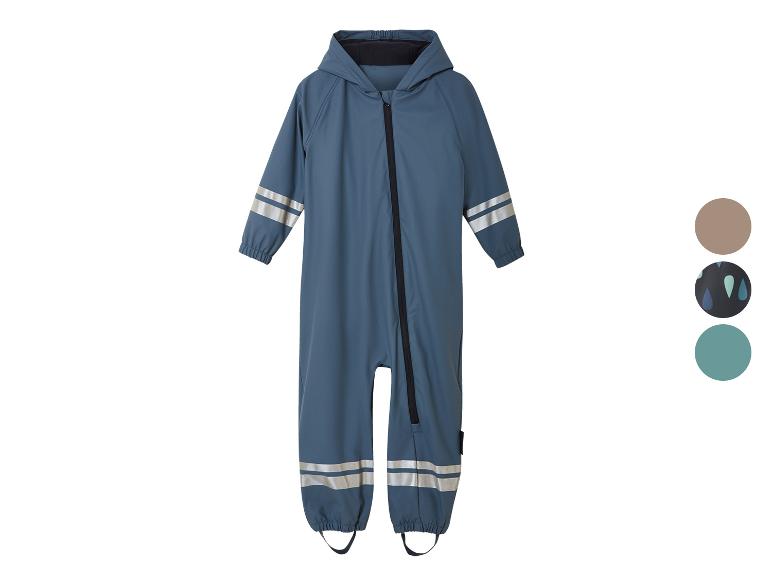 Waterdichte regenoverall voor kinderen met capuchon en reflecterende strepen.