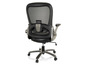 Un fauteuil de bureau noir avec un dossier en maille et des accoudoirs.