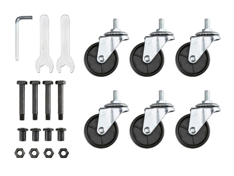 Set zwenkwielen, bouten, moeren en sleutels voor montage.