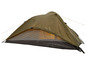 Een groene tent met een gaas binnenkant, ideaal voor kamperen.