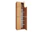 Hoge open houten kast met witte planken en scharnierende deuren.