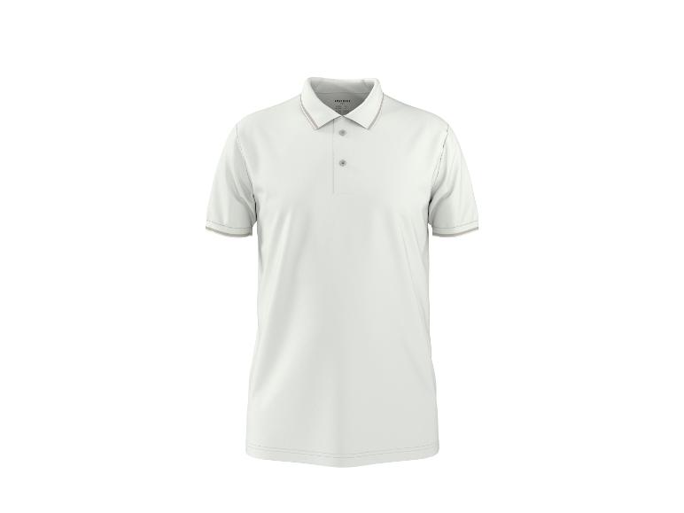 Wit poloshirt met korte mouwen, kraag en knopen, met fijne streepdetails op de mouwen en zoom.