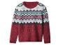 Pull rouge à motif Fair Isle, avec des motifs géométriques blancs, bleus et rouges.