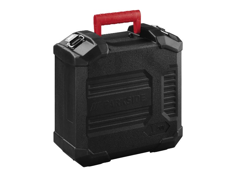 Une boîte à outils noire Parkside avec une poignée rouge.