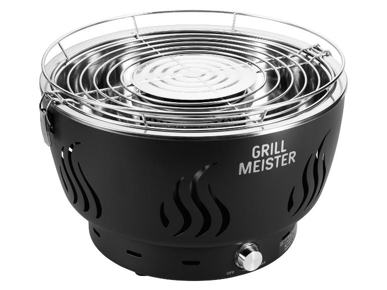 Barbecue portable noir avec grille en acier inoxydable et régulateur de température.