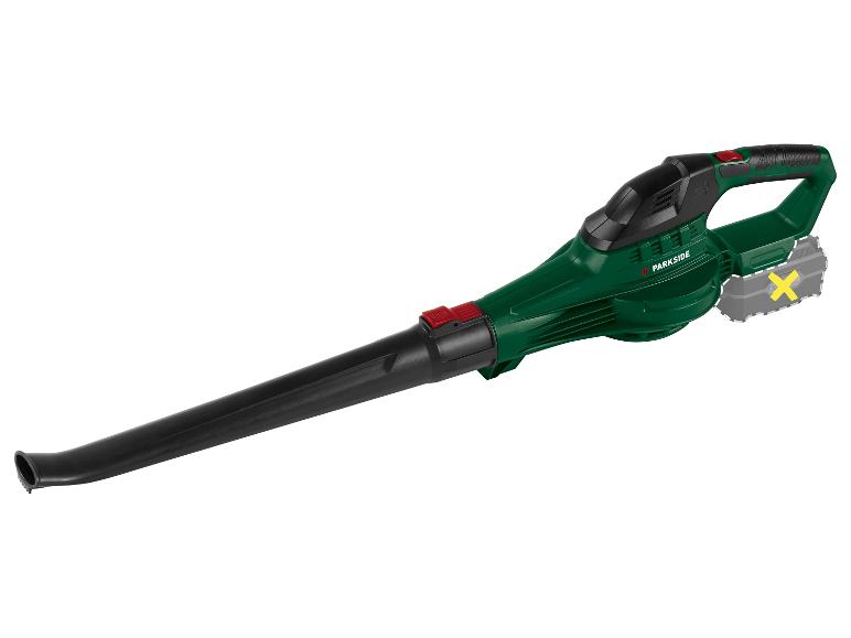 Groene en zwarte draadloze bladblazer met lange tuit en rode knop