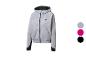 Sweat à capuche zippé gris avec détails noirs et logo sur la poitrine.