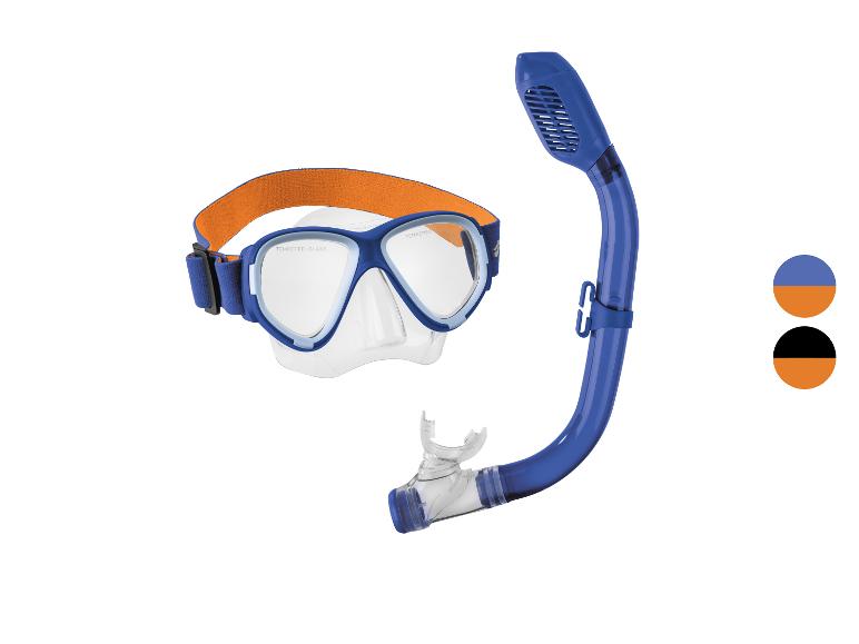 Masque de plongée et tuba bleus avec une sangle orange.