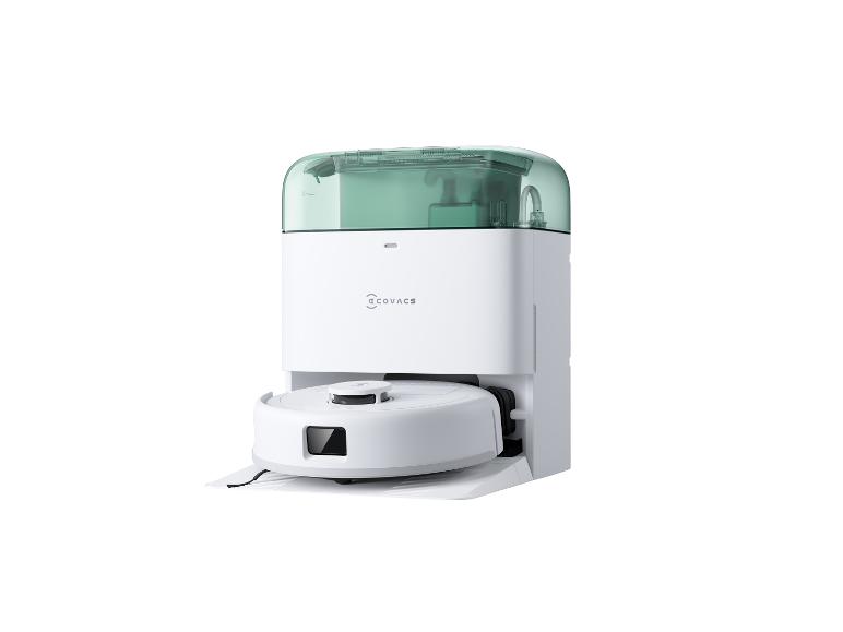 Witte robotstofzuiger met leegstation en groene watertanks.