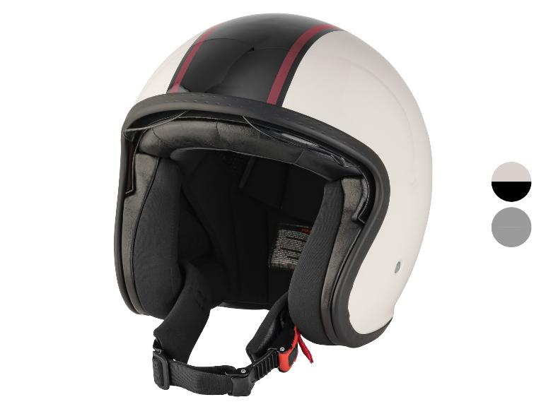 Casque de moto jet blanc avec des rayures noires et rouges