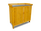 Un placard de rangement en bois avec deux portes et un plan de travail en métal.