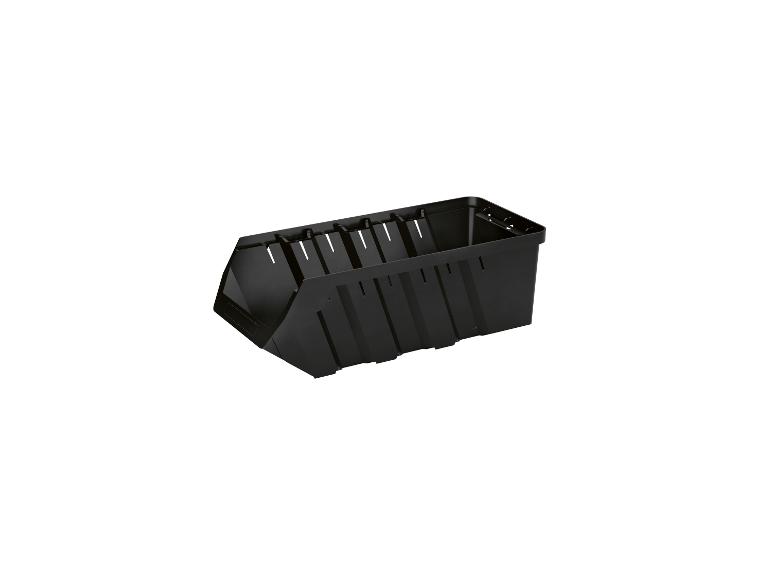 Bac de rangement noir avec fentes pour séparateurs, idéal pour organiser outils ou petites pièces.