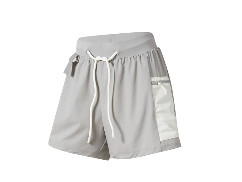 Grijze sport shorts met witte veters en een zijzakje.