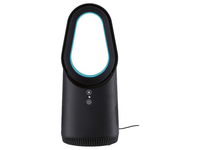 Ventilateur et purificateur d'air noir avec contour turquoise.