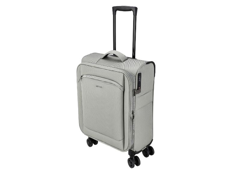Lichtgrijze handbagagekoffer met wielen, telescopisch handvat en cijferslot.