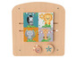 Houten speelgoed met dierenmotieven, waaronder een zebra, leeuw, olifant en giraffe.