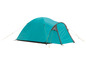 Een blauwe campingtent met gele touwen.