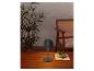 Lampe de table portable sur une table en bois extérieure avec plantes et chaise.