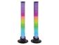 Twee verticale LED-lampen met een kleurverloop van paars naar blauw, op een witte achtergrond.