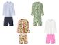 Sets van zwemshirts met lange mouwen en zwemshorts voor kinderen in diverse kleuren en patronen.