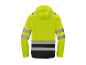 Une veste de sécurité jaune avec des bandes réfléchissantes, vue de dos.