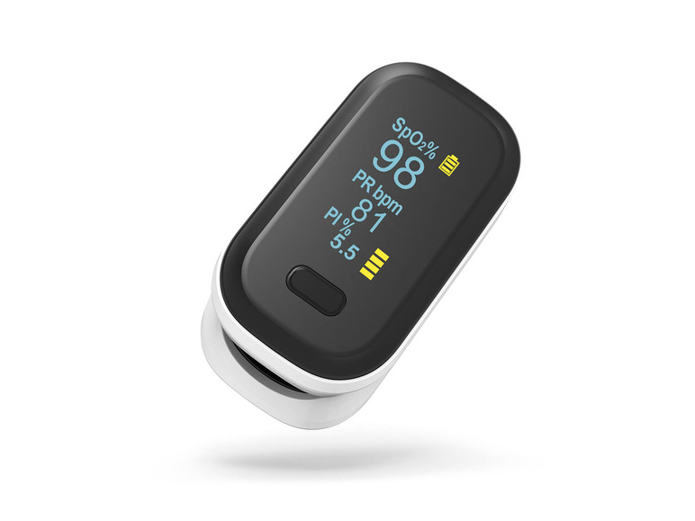 Een vingerpuls-oximeter met een scherm dat 98% SpO2, 81 bpm en een batterijniveau weergeeft.