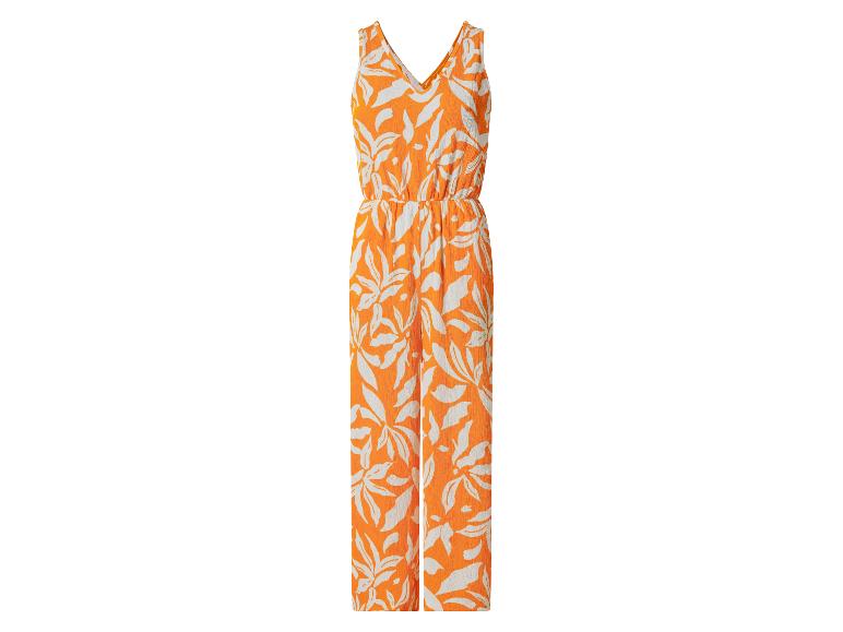 Oranje damesjumpsuit met witte bladprint.
