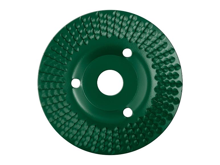 Un disque de ponçage ou d'affûtage vert avec une surface rugueuse.