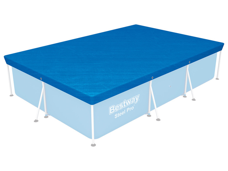 Blauwe Bestway Steel Pro zwembadhoes voor rechthoekig zwembad.