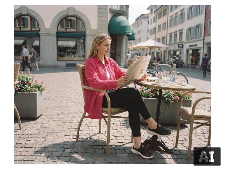 Femme en chemise rose et pantalon noir lisant un journal à une table de café.