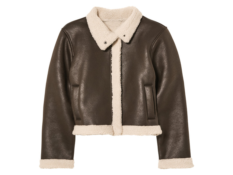 Une veste en cuir marron avec un col en fourrure blanche
