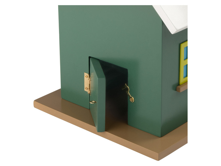 Une maison à oiseaux en bois vert avec une porte ouverte.