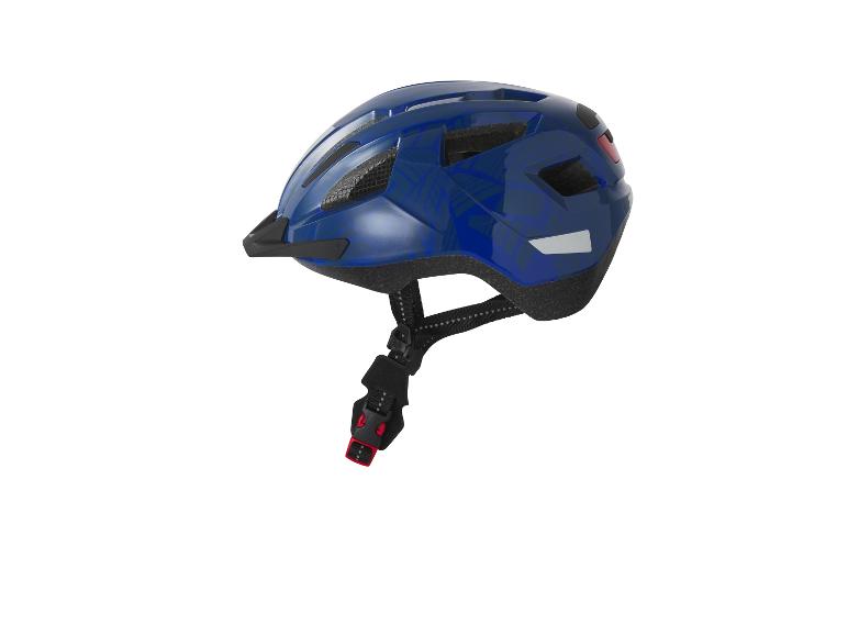 Een blauwe fietshelm met zwarte banden.