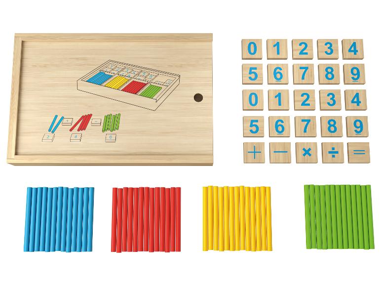 Houten telspel met gekleurde stokjes en cijferblokken.