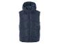 Een donkerblauwe gewatteerde vest met capuchon.