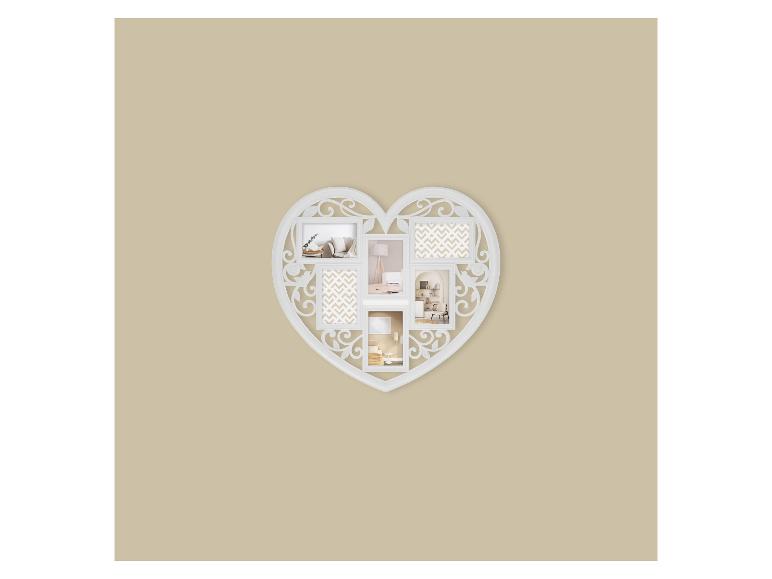 Cadre photo multiple blanc en forme de cœur avec découpes décoratives sur fond beige